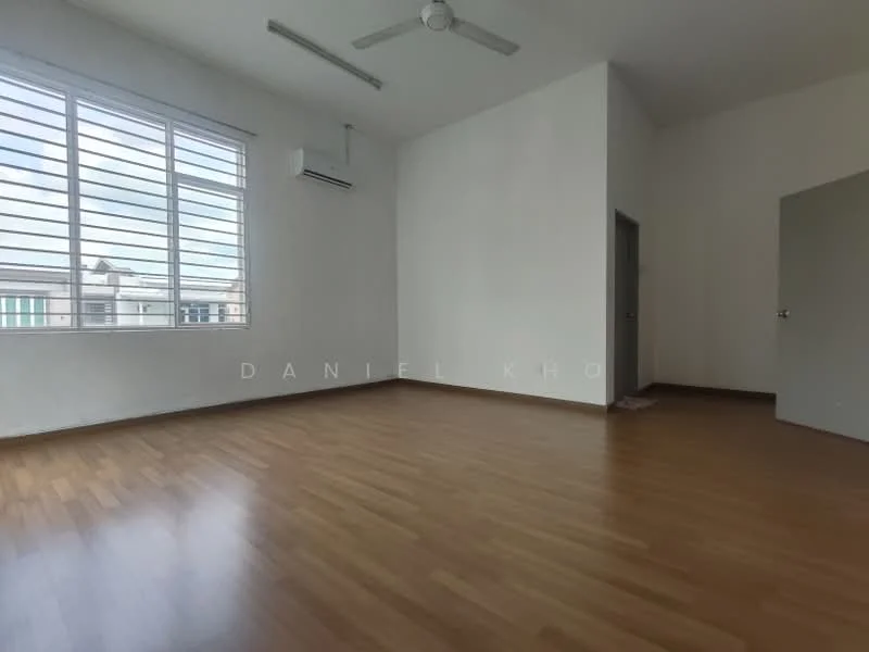 Room features: light wood laminate flooring, white painted walls, ceiling fan, wall-mounted split AC, large window with horizontal slats, door leading to another room; style: modern; view: city.