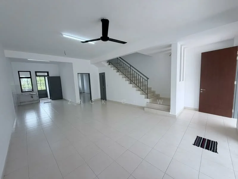 Living features: white painted walls, ceramic tile flooring, 5-blade ceiling fan, large windows, staircase with metal railing, open layout, neutral color scheme, natural light, doorway leading to another room; style: modern. Kitchen features: white cabinetry, ceramic tile flooring, large windows, open layout, neutral color scheme; style: modern.