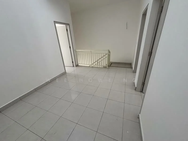 Room features: white painted walls, grey tiled flooring, staircase with railing, doorway to adjacent rooms, natural light from windows, neutral color scheme, open space layout; style: modern.