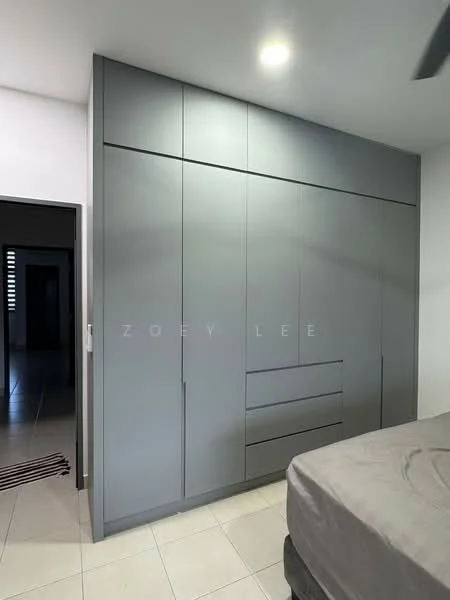 Bedroom features: built-in wardrobe with grey cabinetry, flat-panel cabinet doors, tile flooring, recessed ceiling lights, ceiling fan, neutral wall color, bed with grey bedding, doorway leading to hallway; style: modern.