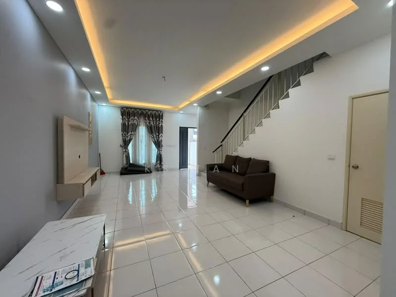 Living features: white painted walls, grey accent wall, glossy white tile flooring, sofa in brown fabric, wall-mounted TV console, recessed LED downlights, ceiling with cove lighting, floor-to-ceiling windows with sheer curtains, decorative curtains with geometric pattern, staircase with white railing; style: modern.