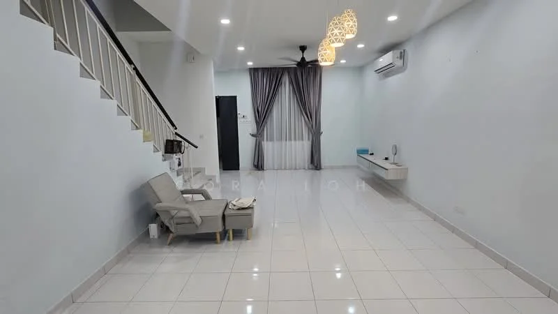 Living features: white painted walls, glossy white tile flooring, recessed downlights, 5-blade ceiling fan, grey curtains, wall-mounted TV console, sofa chair in light grey, air conditioning unit; style: modern.
