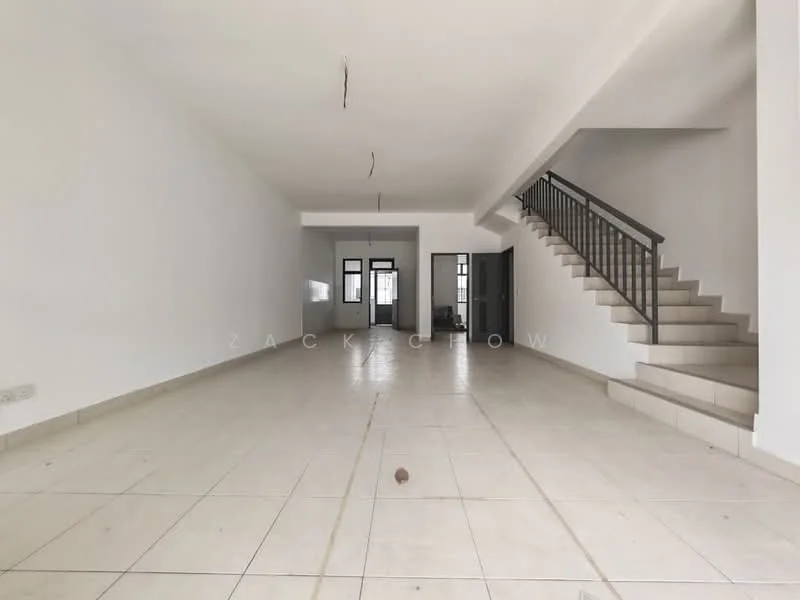 Room features: white painted walls, tile flooring, staircase with metal railing, large windows, open layout, high ceiling, neutral color scheme, no visible furniture; style: minimalist.