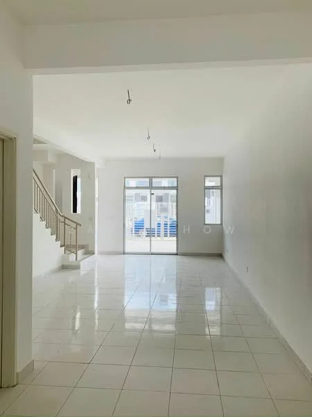 Living features: white painted walls, glossy white tile flooring, large windows with natural light, sliding glass door, recessed ceiling lights, open layout, staircase with railing, high ceiling; style: modern.
