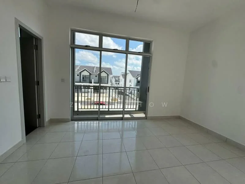 Room features: white painted walls, tile flooring, large sliding glass door, floor-to-ceiling windows, balcony access, natural light from windows, neutral color scheme, high ceiling; style: modern; view: city.