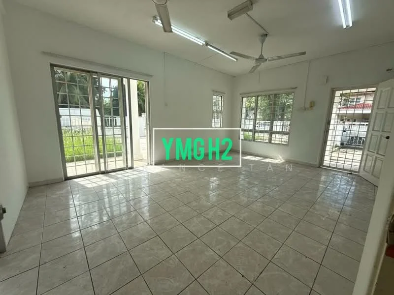 Room features: white painted walls, ceramic tile flooring, 2 ceiling fans, multiple windows, sliding glass door, double-door entry, natural light, grid ceiling with fluorescent lights; view: garden.