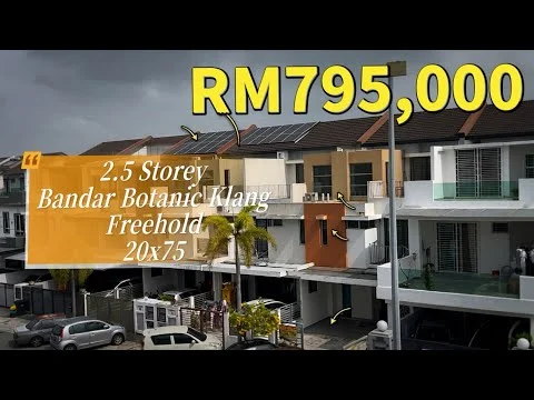 Exterior type: linked terrace house; features: 2.5 storey structure, 20x75 dimensions, freehold property, solar panels on roof, orange accent wall, white painted facade, balconies on upper floors, manicured landscaping, driveway with interlocking pavers, surrounded by residential area; style: modern.