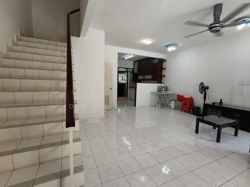 Living features: white painted walls, glossy white tile flooring, 5-blade ceiling fan with light, wall-mounted fan, large windows for natural light, open layout, coffee table, TV console, staircase leading to upper floor, kitchen area visible in background, built-in cabinetry, refrigerator, sink, countertop; style: modern.