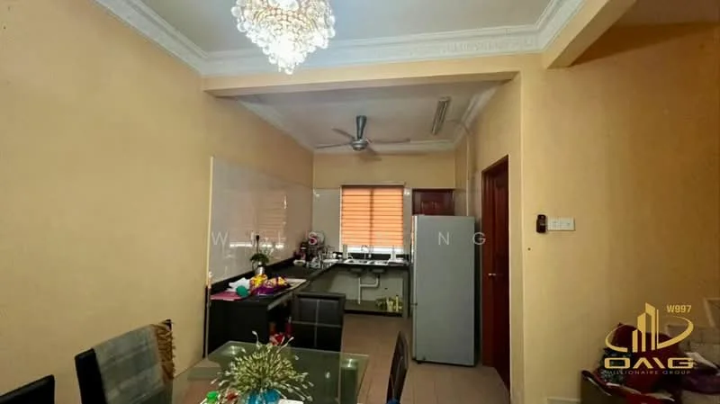 Kitchen features: cream painted walls, tile flooring, 5-blade ceiling fan with light, recessed downlights, stainless-steel fridge, kitchen cabinets, countertop, window with blinds, dining table with chairs; style: modern.