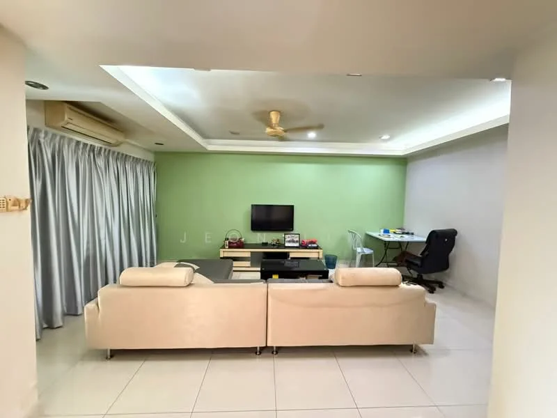 Living features: 3-seater fabric sofa in beige, coffee table, wall-mounted TV, TV console, ceiling fan, recessed downlights, light green accent wall, grey wall, white painted walls, tiles flooring, curtains, study desk with chair; style: modern.