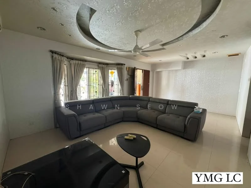 Living features: L-shape sectional sofa in grey, coffee table, floor-to-ceiling windows, curtains, recessed downlights, tray ceiling, white painted walls, cream tiled flooring, wall-mounted TV, decorative wall paneling; style: modern; view: garden.