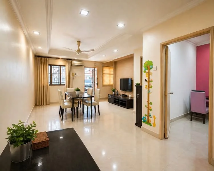 Living features: cream painted walls, white ceiling with recessed downlights, marble tile flooring, 5-blade ceiling fan with light, floor-to-ceiling windows with sheer curtains, black TV console, wall-mounted TV, dining table with four chairs, decorative plants, light brown curtains, open layout to adjacent room; style: modern. Room features: cream painted walls, white ceiling, marble tile flooring, doorway leading to another room.