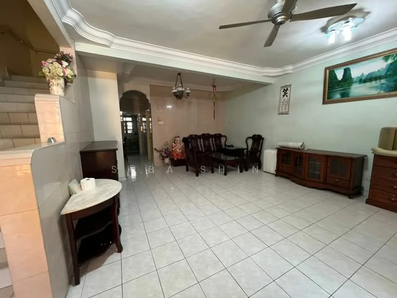 Living features: white painted walls, ceramic tile flooring, tray ceiling, 5-blade ceiling fan, sofa set with wooden frame, wooden coffee table, wooden sideboard, framed artwork on wall, decorative plants, light fixture, open space leading to staircase; style: traditional.