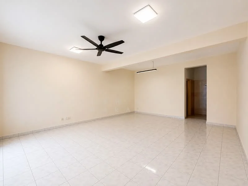 Room features: cream painted walls, white tiled flooring, 5-blade ceiling fan, recessed LED downlights, open layout, no visible furniture, neutral color scheme, large empty space; style: modern.
