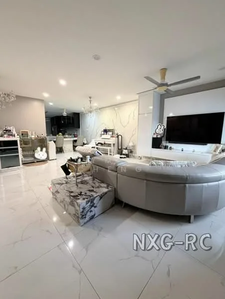 Living features: marble tile flooring, grey sectional sofa, coffee table with marble top, wall-mounted TV, entertainment unit, 5-blade ceiling fan with light, chandelier, decorative wall with marble accents, open layout to kitchen, area rug, decorative items on shelves; style: modern. Kitchen features: kitchen island, bar stools, built-in cabinets, recessed downlights, stainless-steel appliances; style: modern.
