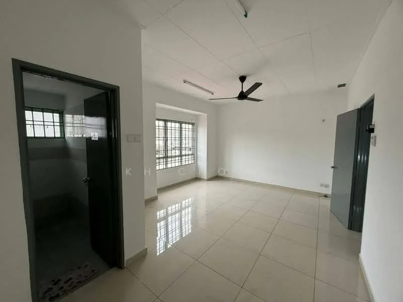 Room features: white painted walls, tile flooring, 5-blade ceiling fan, large windows with grid pattern, door leading to bathroom, door leading to hallway, neutral color scheme, recessed ceiling lights; style: modern.
