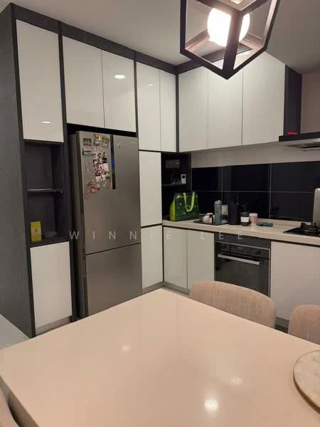 Kitchen features: white cabinetry with flat-panel doors, black countertop, stainless-steel fridge, built-in oven, stainless-steel sink, chrome pull-down faucet, black backsplash, kitchen island with seating, recessed downlights, pendant light fixture, open shelving, microwave, dishwasher; style: modern.