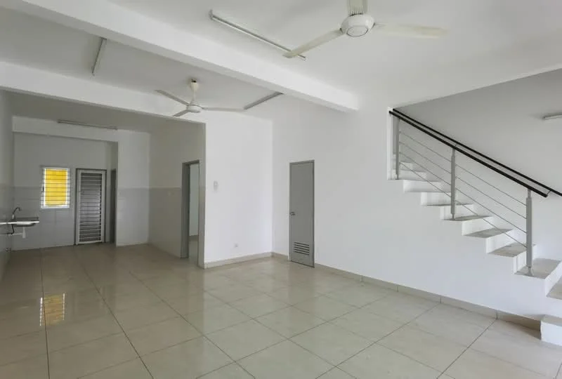 Living features: white painted walls, polished ceramic tile flooring, 5-blade ceiling fan, sliding glass door, staircase with metal railing, large windows with natural light, open layout, high ceiling; style: modern. Kitchen features: white tiled walls, stainless-steel sink, kitchen cabinetry, open layout, window for natural light; style: modern.