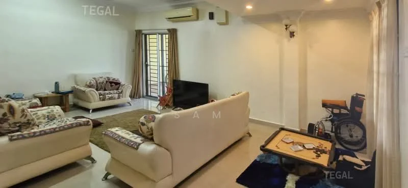 Living features: two 3-seater fabric sofas in cream, area rug with geometric pattern, wall-mounted TV, coffee table, sliding glass door, floor-to-ceiling windows, curtains, air conditioning unit, decorative wall sconce, light-colored walls, neutral tile flooring; style: modern.