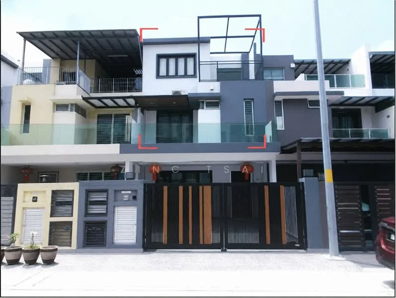 Exterior type: linked terrace house; features: two-storey building, glass balcony railing, modern facade with mixed materials, horizontal wooden slats, white painted facade, grey painted facade, black accents, gated entry with decorative metal gate, manicured landscaping with potted plants, car porch visible, balcony on upper floor; style: modern.