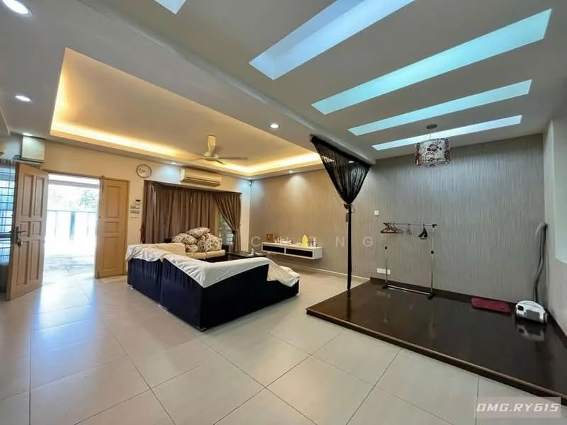 Bedroom features: king-size bed with upholstered headboard, 2 bedside tables, ceiling fan with light, recessed downlights, wall-mounted mirror, wood panel accent wall, large window with sheer curtains, tile flooring, open space leading to outdoor area, decorative wall hanging; style: modern; view: garden.