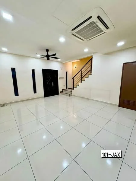 Living features: white painted walls, glossy white tile flooring, 5-blade ceiling fan, recessed LED downlights, wall-mounted split AC, black front door, staircase with wooden railing, two vertical windows, neutral color scheme, open layout; style: modern.