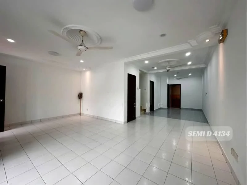 Room features: white painted walls, white ceiling with recessed downlights, 2 ceiling fans, white tiled flooring, multiple doorways, open layout, no visible furniture, neutral color scheme; style: modern.