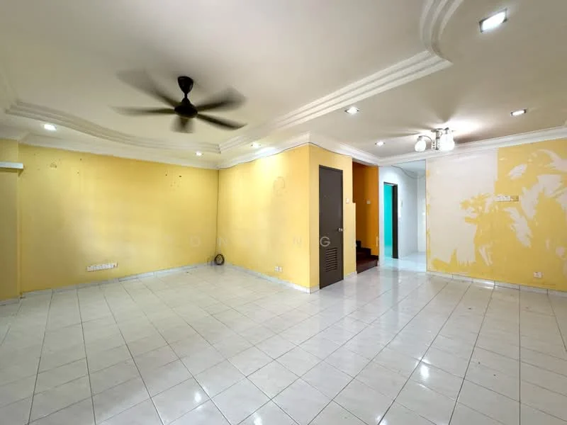 Living features: white tiled flooring, yellow painted walls, crown moulding, 5-blade ceiling fan, recessed downlights, wall-mounted air conditioning unit, doorway leading to staircase, open layout, no visible furniture.