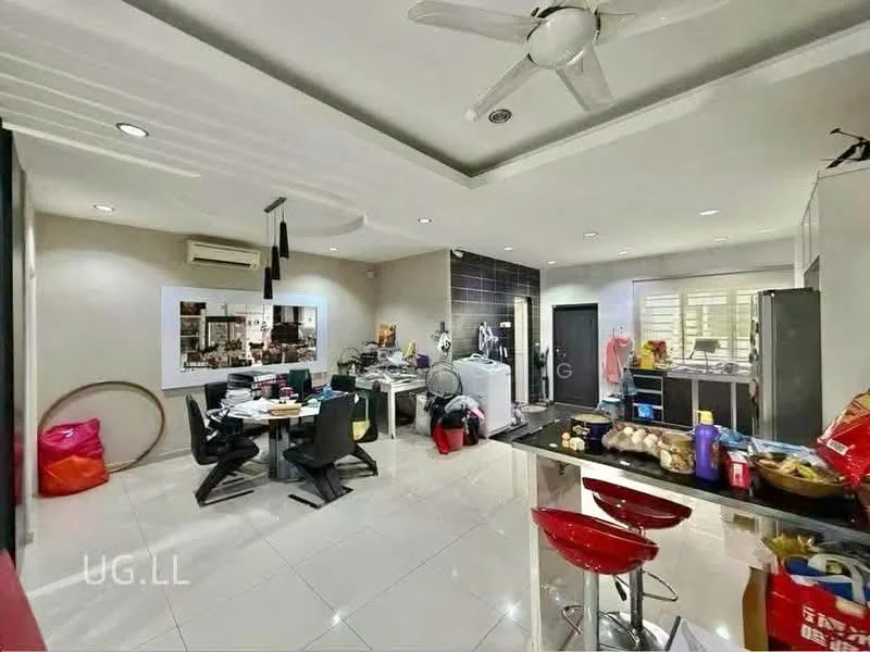 Living features: white painted walls, glossy tile flooring, 5-blade ceiling fan with light, recessed downlights, dining table with black chairs, red bar stools, open kitchen layout, kitchen island, stainless-steel appliances, multiple storage cabinets, decorative wall art, laundry area with washing machine, various bags and items on floor; style: modern.