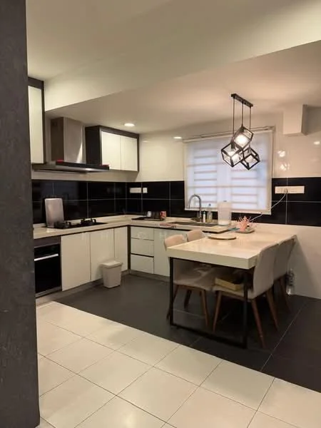 Kitchen features: white and black cabinetry, black countertop, stainless-steel sink, chrome pull-down faucet, built-in oven, 4-burner gas hob, refrigerator, pendant light fixture, dining table with 4 chairs, tile flooring, window with blinds, wall-mounted cabinets, open shelving, decorative plant on table; style: modern.