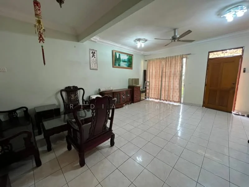 Living features: white painted walls, glossy tile flooring, ceiling fan, recessed downlights, large window with sheer curtains, wooden front door, wooden furniture, glass coffee table, wooden side tables, decorative wall art; style: traditional; view: garden.