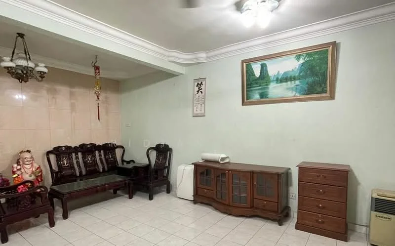Living features: white painted walls, cream tiled flooring, tray ceiling with ceiling fan, chandelier light fixture, framed landscape painting, wooden coffee table, wooden sideboard with glass doors, wooden dresser, seating with wooden chairs, decorative statue, air conditioning unit; style: traditional.