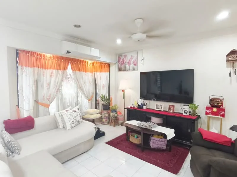 Living features: light grey fabric sofa, dark brown wooden coffee table, black TV console, wall-mounted flat-screen TV, white walls, cream tiled flooring, ceiling fan with light, curtains with floral pattern, decorative wall art, red area rug, potted plants, table lamp; style: contemporary.