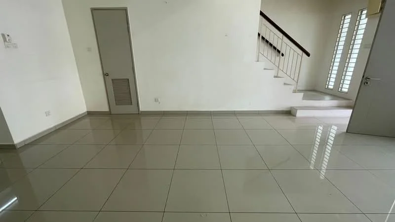 Room features: white painted walls, glossy ceramic tile flooring, staircase leading to upper level, sliding windows with horizontal slats, door with modern handle, ventilation grille on door, neutral color scheme, open space layout; style: modern.