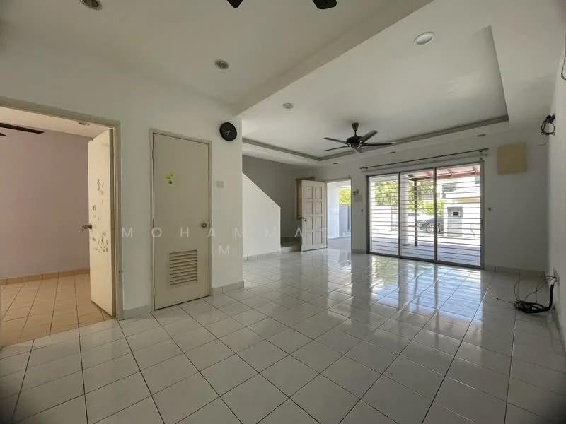 Living features: white painted walls, white ceiling with recessed downlights, sliding glass door leading to outdoor area, floor-to-ceiling windows, ceramic tile flooring, 2 ceiling fans, wall-mounted air conditioning unit, open layout, natural light from windows, access to balcony, neutral color scheme; style: modern; view: garden. Room features: white painted walls, ceramic tile flooring, doorway leading to another room.