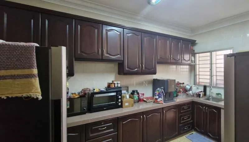 Kitchen features: dark wood cabinetry, granite countertop, stainless-steel fridge, microwave, built-in oven, ceramic tile flooring, single-bowl stainless-steel sink, chrome pull-down faucet, window with metal grille, kitchen appliances on countertop, light fixture on ceiling; style: traditional.