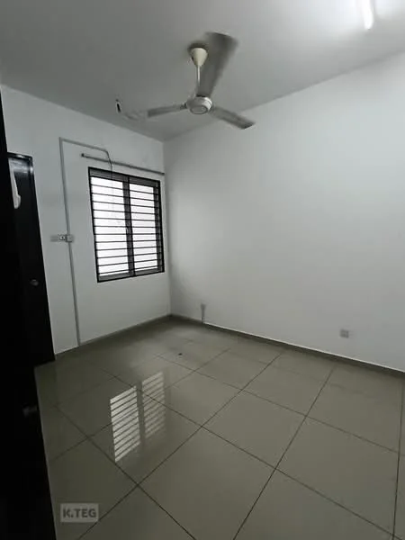 Room features: white painted walls, glossy ceramic tile flooring, ceiling fan, window with horizontal metal grilles, light fixture on ceiling; style: modern.