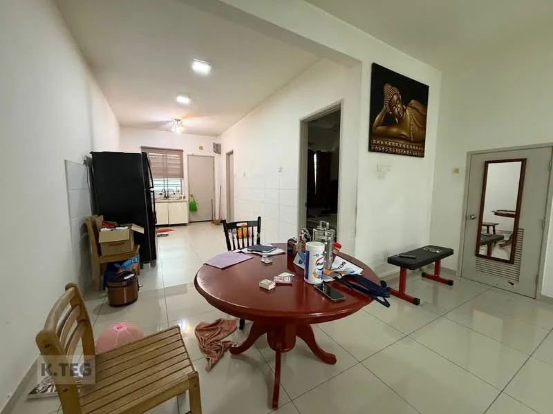 Room features: white painted walls, glossy tile flooring, round wooden dining table, 4 wooden chairs, black refrigerator, mirror on wall, exercise bench, various items on table, doorway leading to another room, light fixtures in ceiling; style: modern.