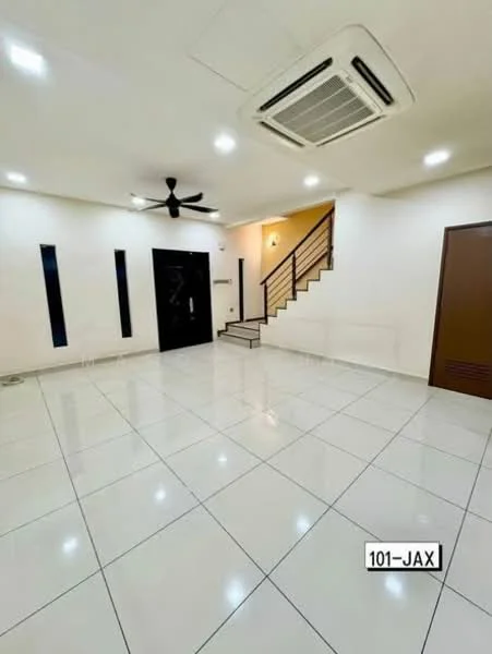 Living features: white painted walls, glossy white tile flooring, 5-blade ceiling fan, wall-mounted split AC, black front door, staircase with wooden railing, recessed downlights, two vertical windows, decorative wall sconce, open layout; style: modern.