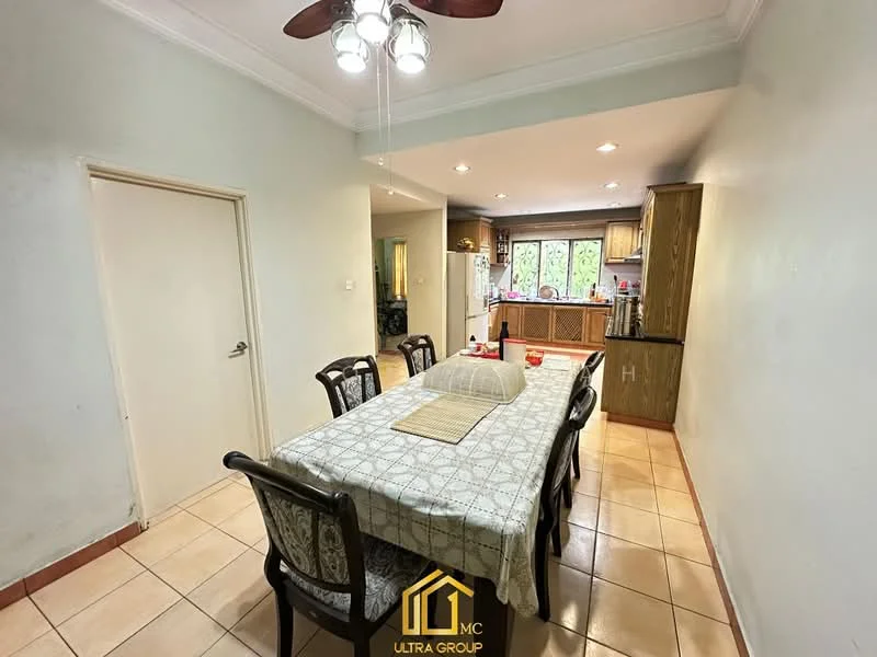 Dining features: 6-seater dining table, wooden dining chairs with upholstery, pendant light fixture, cream painted walls, tile flooring, window with natural light, table runner, decorative centerpiece. Kitchen features: kitchen cabinetry, countertop, kitchen appliances visible in background, window above sink, open layout to dining area.