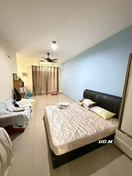Bedroom features: king-size bed with black upholstered headboard, bedding with multiple pillows, light grey wall, cream tiled flooring, 5-blade ceiling fan with light, floor-to-ceiling windows with sheer curtains, white bedside table, decorative wall art, foldable baby chair, blanket on bed; style: modern.