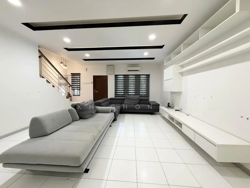 Living features: grey fabric L-shape sectional sofa, 2-seater grey fabric sofa, white wall-mounted TV console, black wall-mounted shelves, white tiled flooring, recessed ceiling lights, air conditioning unit, window with black horizontal blinds, staircase with wooden railing; style: modern.