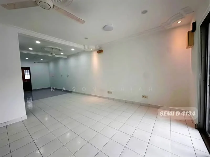 Room features: white painted walls, white ceiling with recessed lighting, 5-blade ceiling fan, ceramic tile flooring, large windows, sliding glass door, wall-mounted speakers, multiple ceiling lights; style: modern.