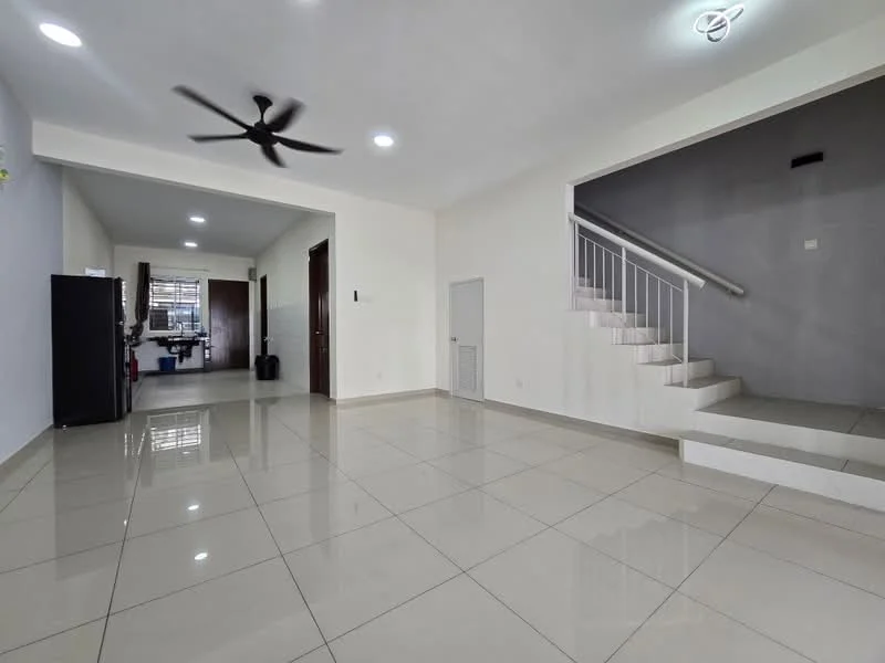 Living features: white painted walls, glossy ceramic tile flooring, 5-blade ceiling fan with light, recessed LED downlights, large windows for natural light, open layout, staircase leading to upper floor, neutral color scheme; style: modern. Room features: white painted walls, glossy ceramic tile flooring, recessed LED downlights, open layout, large windows for natural light.