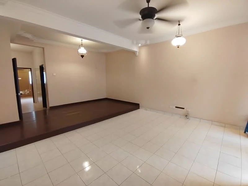 Living features: white painted walls, ceramic tile flooring, 5-blade ceiling fan with light, 2 pendant lamps, wooden platform area, crown moulding, recessed lighting, doorway leading to other rooms; style: modern.