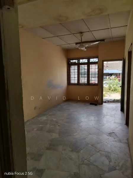 Room features: marble flooring, cream painted walls, ceiling fan, large windows, natural light, exposed ceiling tiles, doorway leading outside, view of outdoor area; view: garden.