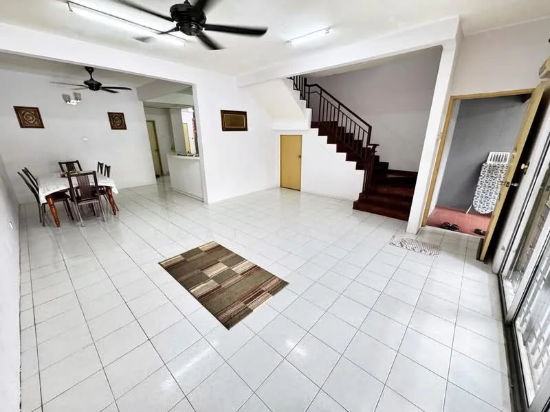Living features: white painted walls, glossy white tile flooring, 5-blade ceiling fan, recessed downlights, area rug with geometric pattern, dining table with 6 chairs, staircase with metal railing, sliding glass door, window with sheer curtains; style: modern. Dining features: dining table with 6 chairs, white painted walls, glossy white tile flooring, 5-blade ceiling fan, recessed downlights; style: modern.