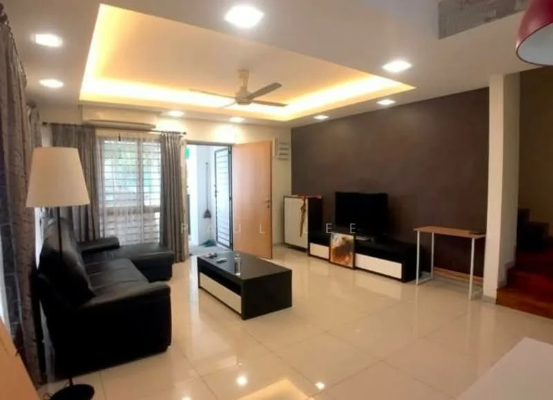 Living features: 3-seater black leather sofa, 2-seater black leather sofa, coffee table with black top and white base, wall-mounted TV, TV console in white, ceiling fan with integrated LED light, recessed downlights, cream painted walls, white tiled flooring, curtains in grey, wooden staircase in background, decorative wall with dark brown finish; style: modern.