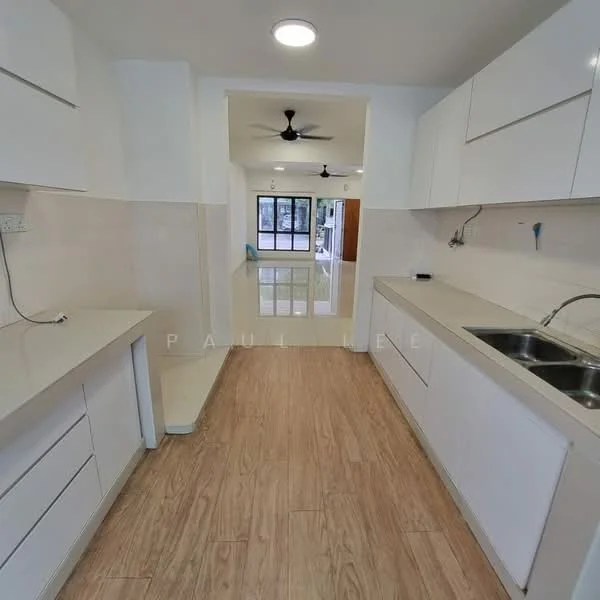 Kitchen features: white cabinetry, laminate countertop, stainless-steel sink, chrome pull-down faucet, ceramic tile backsplash, recessed downlights, wood-look vinyl flooring, floor-to-ceiling cabinets, open layout to living area, wall-mounted electrical outlets; style: modern.