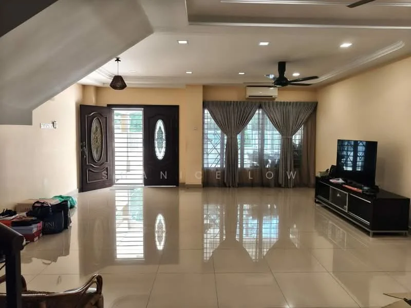 Living features: cream painted walls, white ceiling with recessed downlights, polished ceramic tile flooring, floor-to-ceiling windows, sheer curtains, blackout curtains, 3-blade ceiling fan, wall-mounted TV, TV console, decorative wall clock, glass front door, double-door main entrance; style: modern.